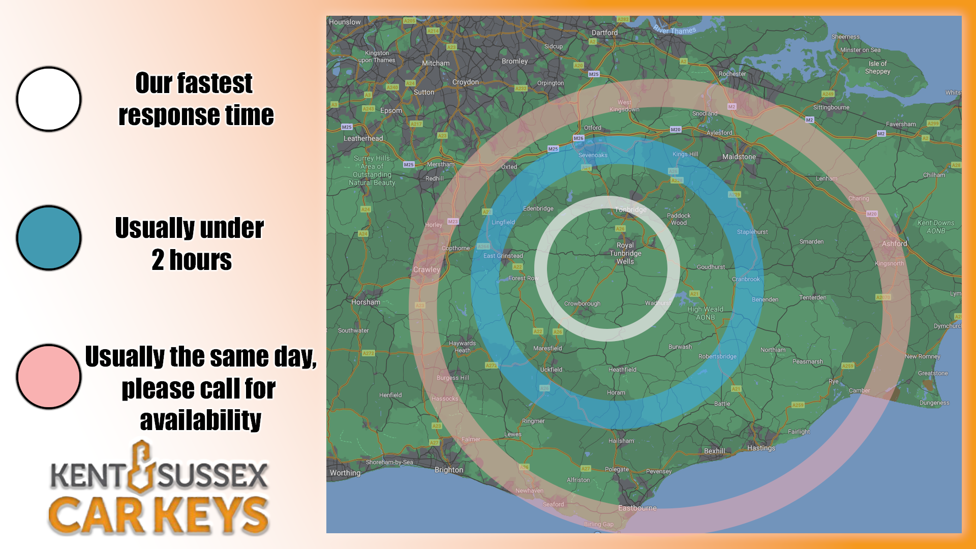 A map showing the areas that Kent and Sussex car keys covers, aproximatly a 65 mile radius around Tunbridge Wells