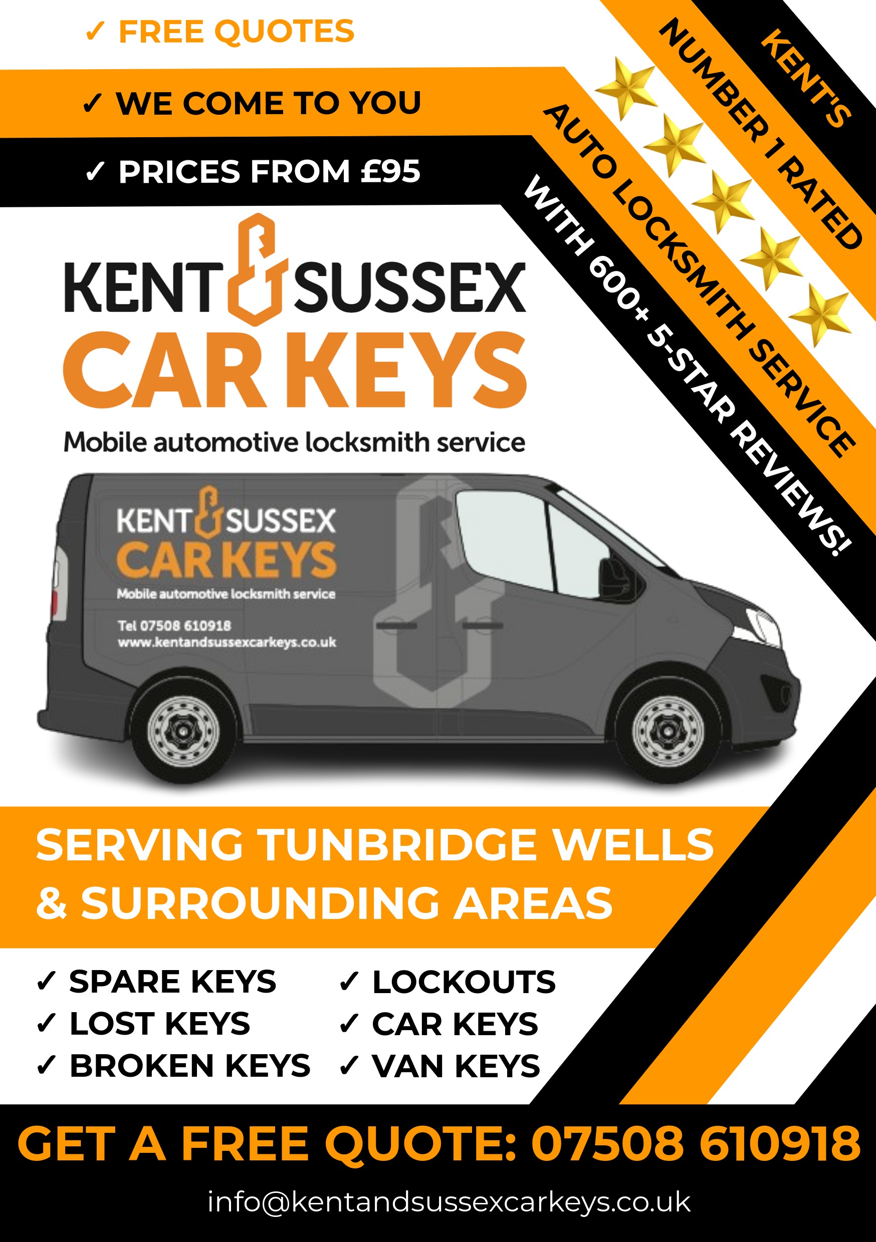 A flyer for Kent and Sussex Auto Locksmith. With over 600 5 star reviews on Google.