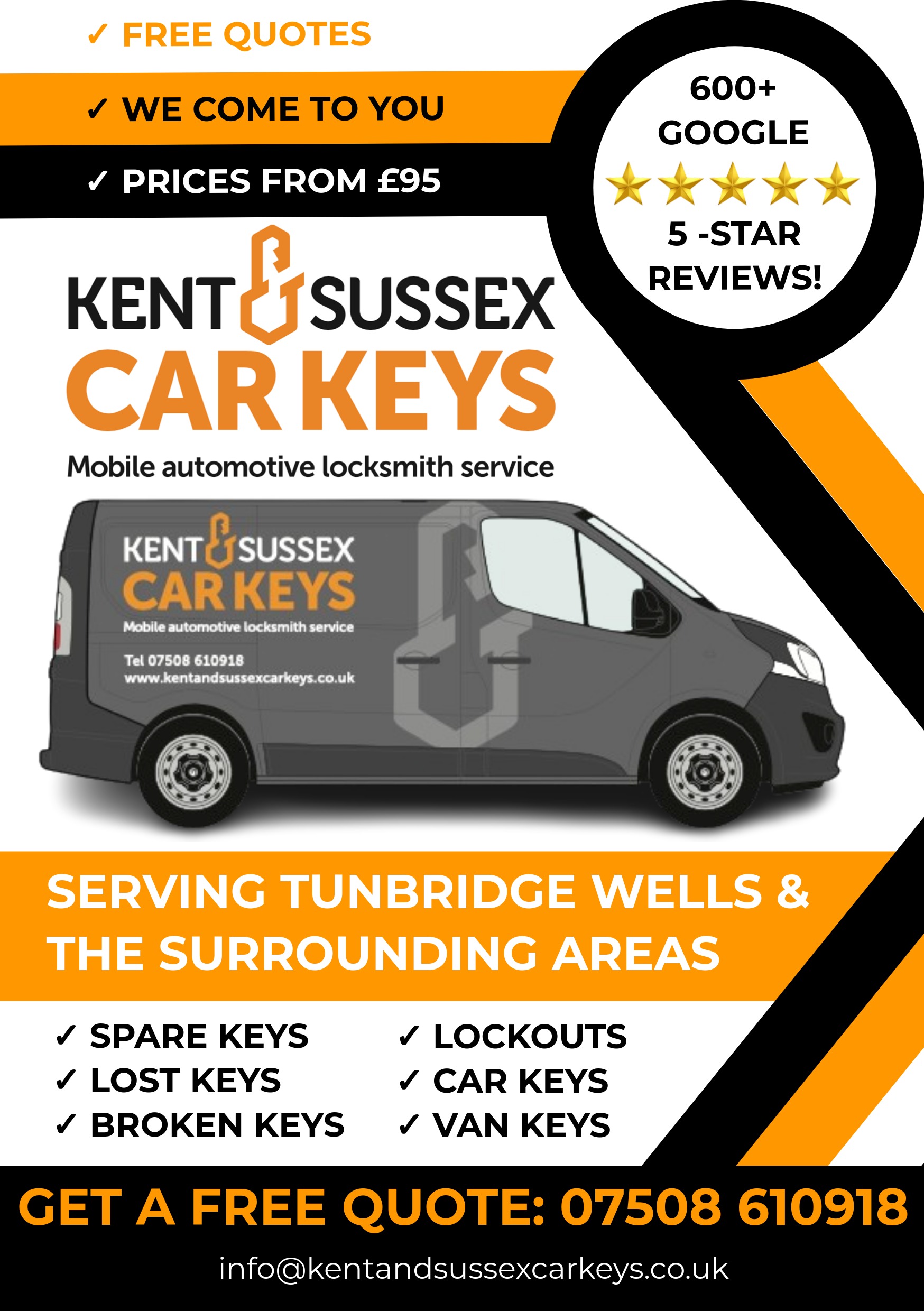 A flyer for Kent and Sussex Car Keys, an auto locksmith based in Tunbridge Wells.